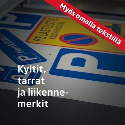 Malkit kyltit, tarrat, liikennemerkit.
