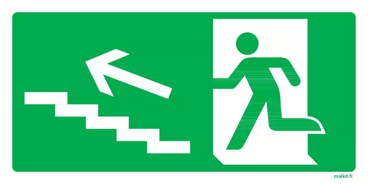 Poistumisreitti vasen ylös jälkivalaiseva muovi 300 x 150 mm - Jälkivalaisevat kyltit - 72396 - 1