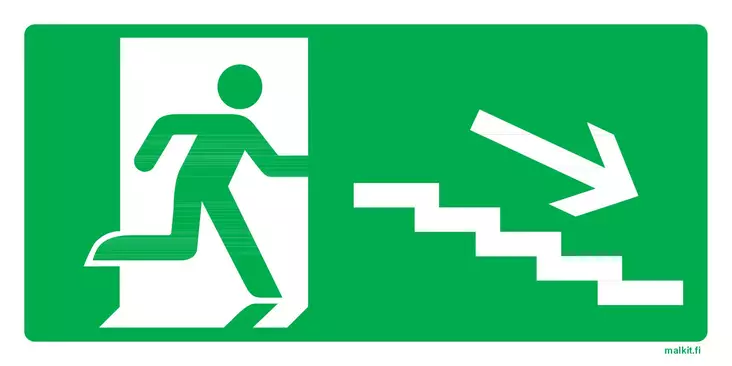 Poistumisreitti oikea alas jälkivalaiseva muovi 300 x 150 mm - Jälkivalaisevat kyltit - 72397 - 1