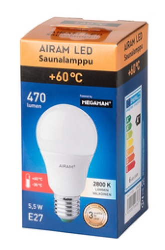 LED-lamppu Airam AM A60 5,5W/828 E27 saunatiloihin +60 C - Vakio led-lamput - 64688 - 1