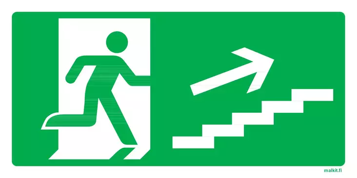 Poistumisreitti oikea ylös jälkivalaiseva muovi 300 x 150 mm - Jälkivalaisevat kyltit - 72398 - 1
