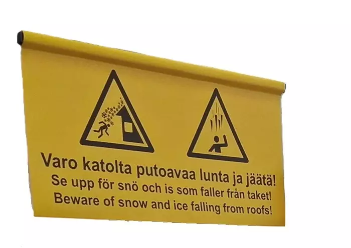 Varoituspuomi lipulla seinään tai tolppaan Varo katolta putoavaa lunta ja jäätä! - Liikenteen ohjaus - 74929 - 1