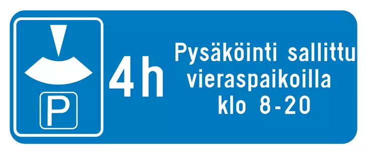 Kiekko 4h Pysäköinti sallittu vieraspaikoilla 8-20 lm-alumiini 600x250 mm - Liikennemerkin lisäkilvet - 70029 - 1